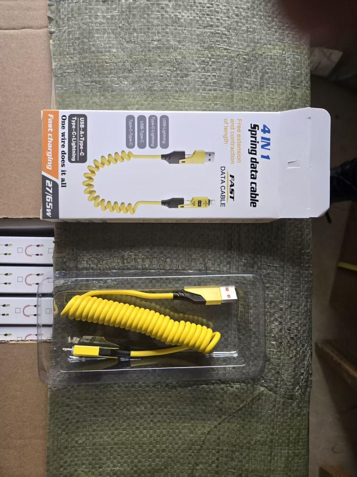 4-in-1 Retractable Spring Data Cable – Fast Charging & Sync | Type-C, iOS, Micro USB