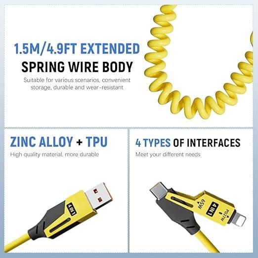 4-in-1 Retractable Spring Data Cable – Fast Charging & Sync | Type-C, iOS, Micro USB
