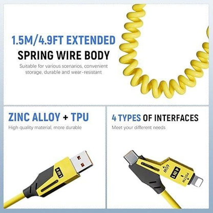 4-in-1 Retractable Spring Data Cable – Fast Charging & Sync | Type-C, iOS, Micro USB